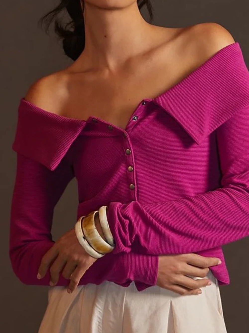 Maeve Anthropologie Magenta Off Shoulder Snap Front Top L